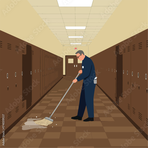 Custodian mops a wet floor in a locker-lined hallway