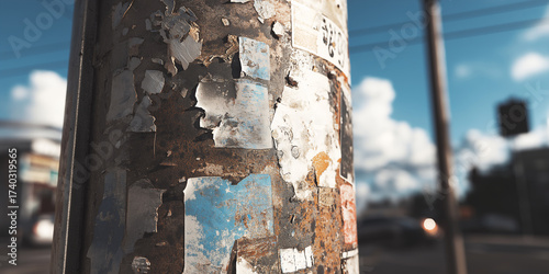 Sticker mockup applied to a street pole with urban textures, photographed in daylight. Gritty, authentic, and photorealistic presentation for branding or street-style designs.