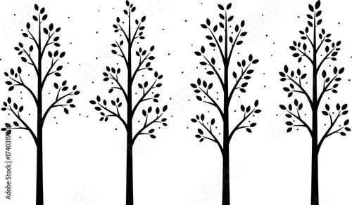 Minimalist black and white tree illustration with symmetrical design, nature-inspired branches, falling leaves, perfect for decorative and educational vector use.