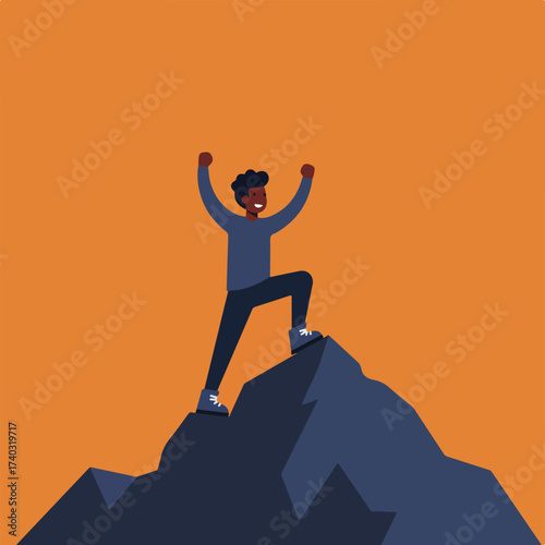 Man triumphs atop a dark rocky peak under an orange sky