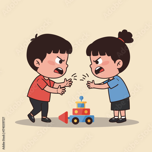 Two angry children argue over a toy vehicle