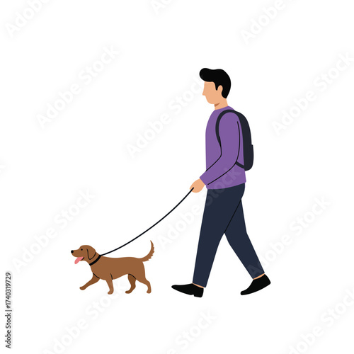 A person walks a dog on a leash, both on a white background