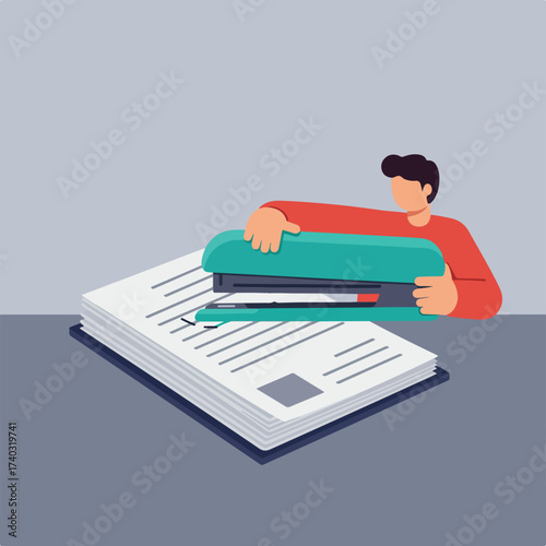 Person uses a teal stapler on a stack of papers