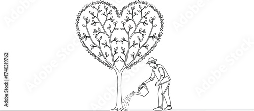 Heart-shaped tree being watered by gardener in black and white line art style symbolizing love, care, growth, and nature preservation