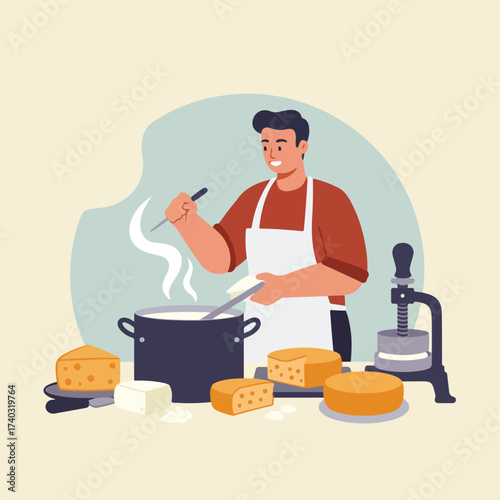 Man cooking with cheese and dairy products, making food