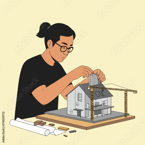 Person in glasses building a house model with crane and blueprints