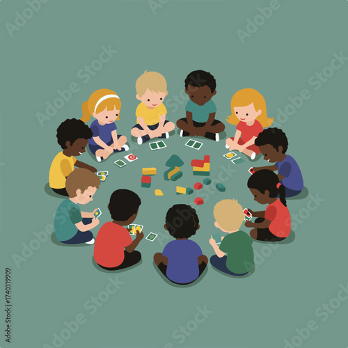 Children of diverse backgrounds sit in a circle, playing with blocks and cards