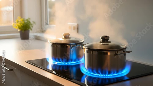Two stainless steel pots on induction stove with blue flame, efficient cooking and energy saving in kitchen for Day of Energy Saving