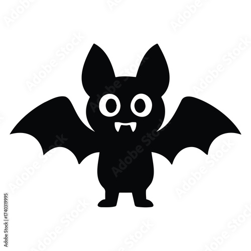 Vector art of cute black bat silhouette with large eyes and fangs, , ideal for halloween party invitations and childrens spooky themes