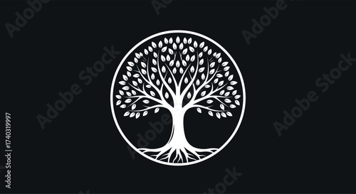 Minimalist white tree with roots and leaves inside circle on black background, symbolizing nature, growth, balance, and interconnected life.