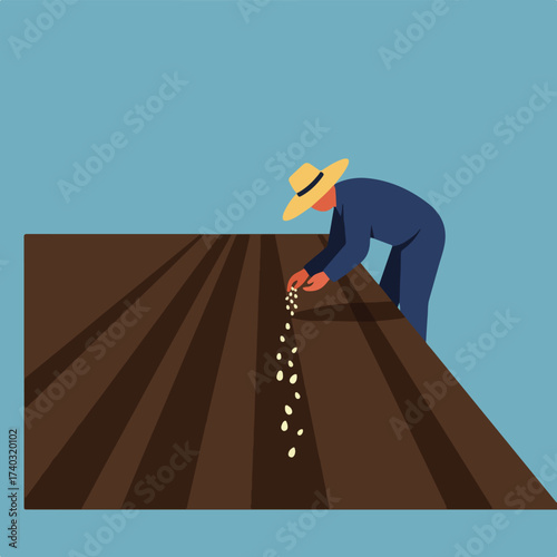 Farmer sowing seeds in a tilled field with a blue sky