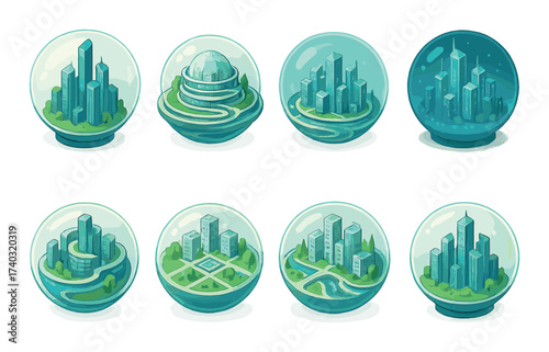 Futuristic miniature cities in transparent spheres with modern architecture