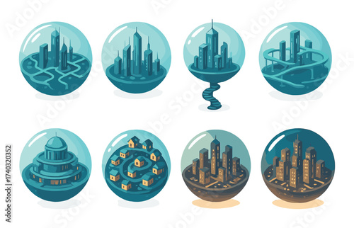 Futuristic glass spheres displaying miniature cityscapes
