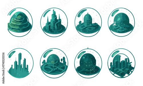 Futuristic spherical cities with unique architectural designs in green hue