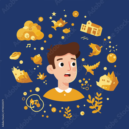 Young person's surprised face surrounded by a surreal, dreamlike collection of golden shapes