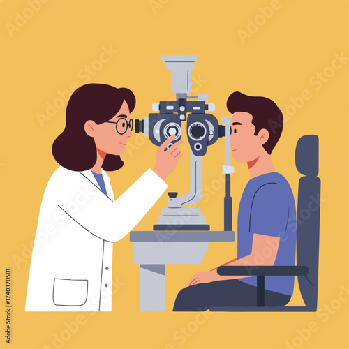 An optometrist performs an eye exam on a patient with a slit lamp