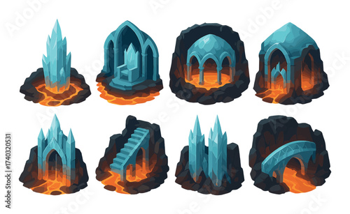 Fantasy crystal structures with lava in underground caverns