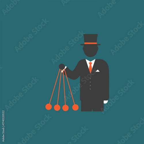 Stylized figure in a suit with a hat holds Newton's cradle