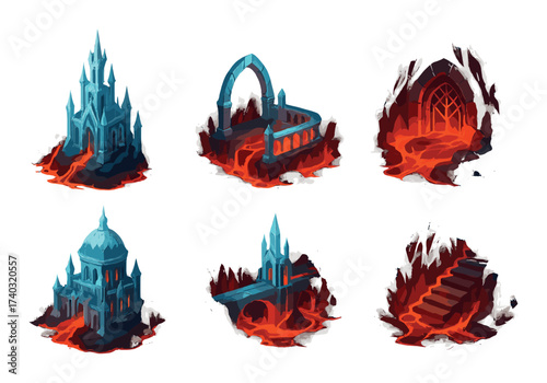 Fantasy lava structures with glowing blue castles and fiery red lava