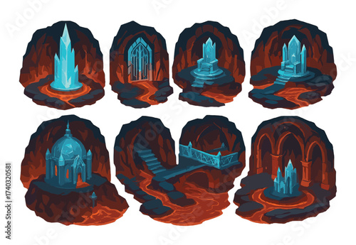 Enchanted crystals and mystical architecture in lava caverns