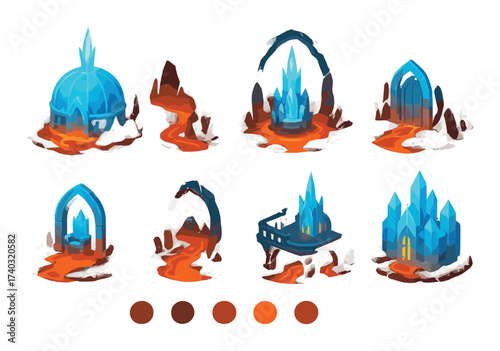 Fantasy ice and lava crystal structures in mystical landscape