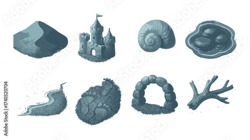 Sand art: castles, shells, footprints, and natural shapes in gray scale