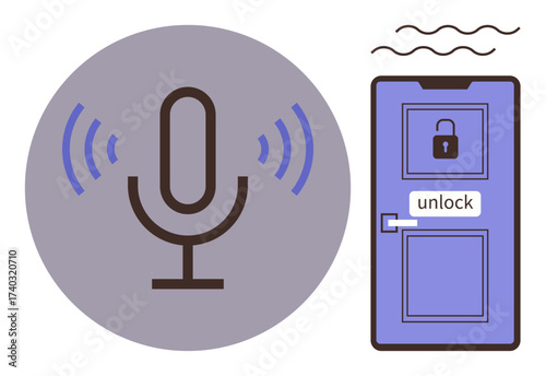 Microphone emitting sound waves next to a door unlocking with voice command. Ideal for technology, security, smart home, automation, innovation, accessibility, user experience. Simple flat metaphor