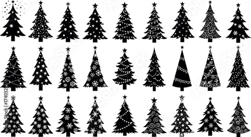 Set of 25 unique black Christmas tree silhouettes with festive decorations, ornaments, stars, and abstract holiday design elements