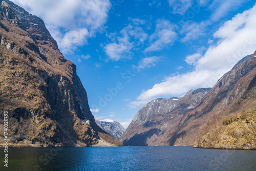 Norwegian fjord, sunny scenic view of the Naeroyfjord, Gudvangen, Norway. Spring, sunny day.
