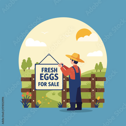 Farmer hangs "Fresh Eggs for Sale" sign in idyllic countryside scene