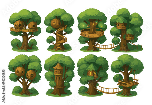 Enchanting treehouses in lush forest with unique designs and magical lights