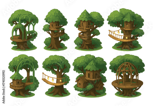 Rustic treehouse collection in enchanted forest with lanterns and bridges