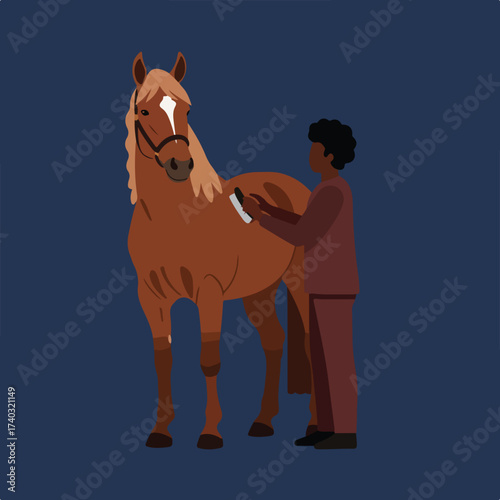 Person grooming a brown horse with a brush