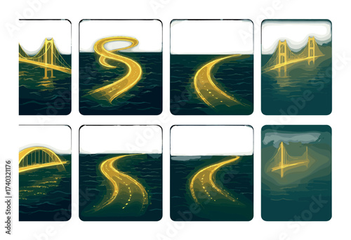 Glowing bridges and roads over water in a mystical night scenery