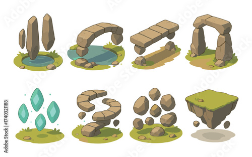 Fantasy stone structures and floating island illustration with magical crystals