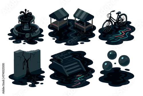 Urban flooded scene with cracked wall, bicycle, and oil-slicked surfaces