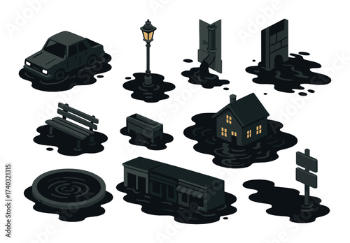 Isometric urban flooding scenes with various objects immersed in water