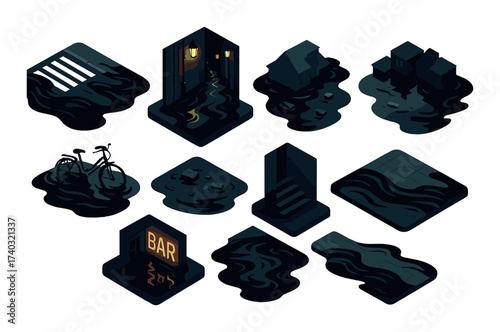 Dark isometric urban flood: night scenery with buildings, bicycle, bar, and staircase