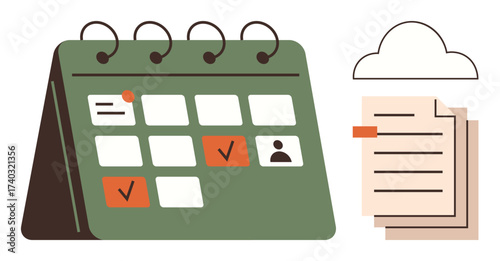 Green calendar displaying events with checkmarks, user icon, cloud, and stacked documents. Ideal for organization, time planning, cloud storage, task tracking, reminders workflow simple flat