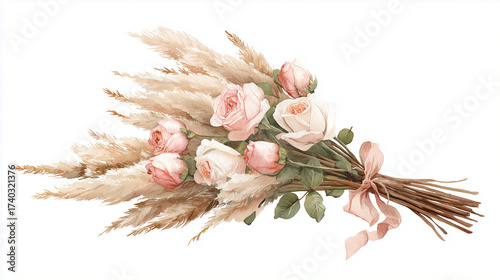 Watercolor Bouquet of Soft Pink Roses and Pampas Grass with Ribbon
