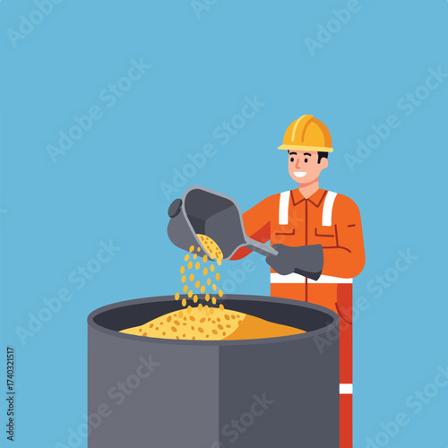 A worker in orange overalls and a yellow helmet pours yellow grains into a large container