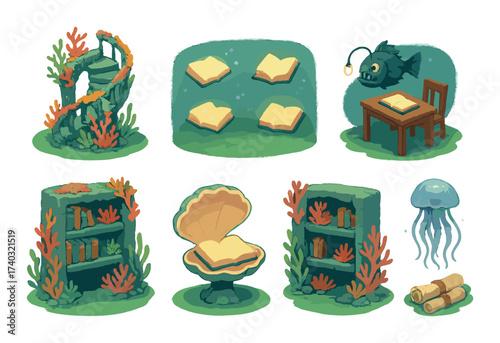 Underwater library adventure with books, coral, and sea creatures