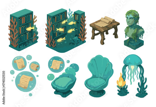 Underwater library with books, scrolls, and sea creatures in fantasy ocean setting