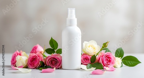 White Cosmetic Spray Bottle with Pink and White Roses – Beauty Product Mockup