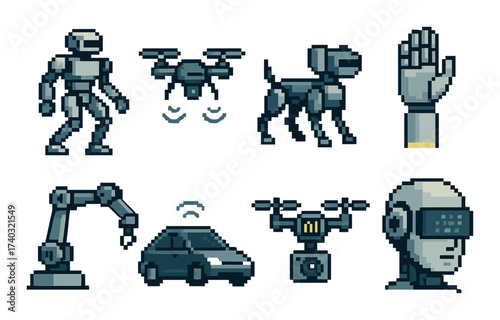 Retro-futuristic pixel art robots and gadgets with drones and mechanical arm