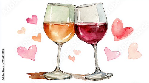 Watercolor Illustration of Clinking Wine Glasses with Romantic Hearts
