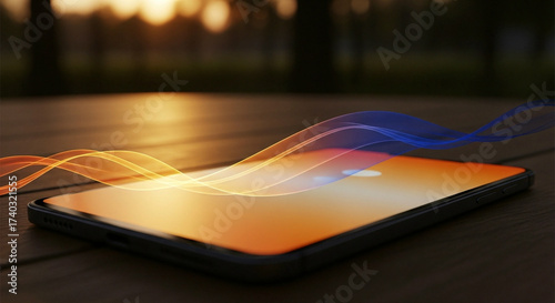 Smartphone on Table with Abstract Data Waves Flowing Over Screen Representing Modern Technology Communication Internet and Digital Network
