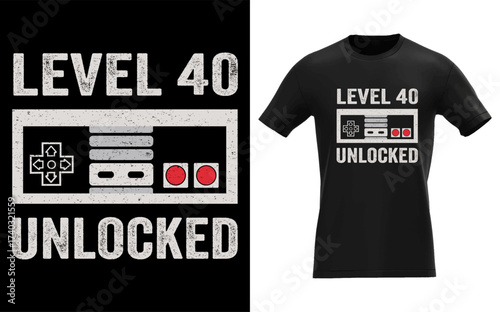Retro video game controller graphic design for a 40th birthday celebration with text level 40 unlocked