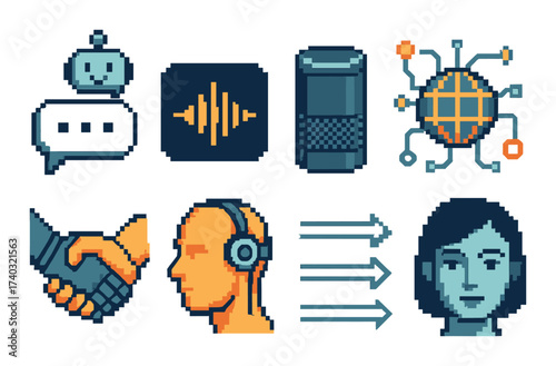 Pixel art icons of chatbot, voice assistant, ai network, and digital interaction