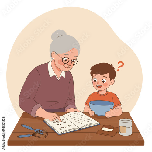 Grandmother teaches grandson to cook, pointing at recipe book